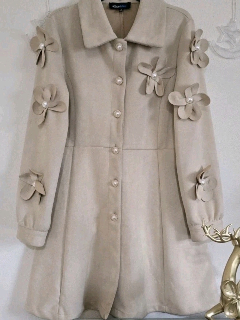 Alice Blue Cream Flower-Appliqué Button-Front Dress Coat - Picture 6 of 7
